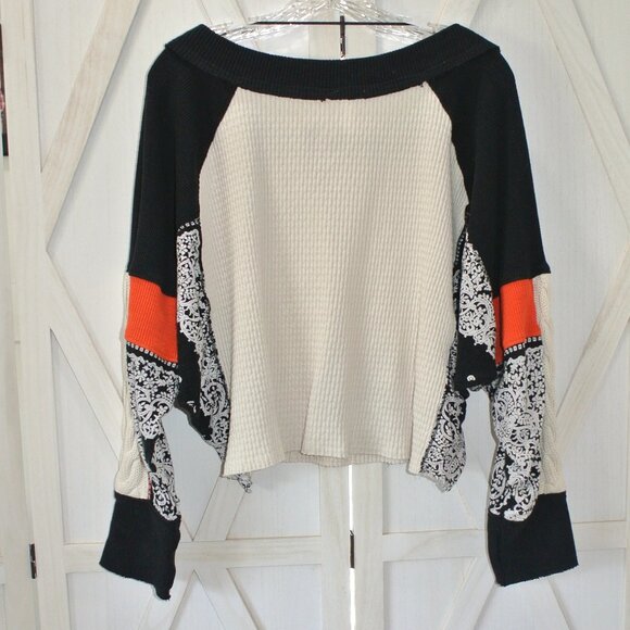 Free People Black and Cream Crop Top with Red Accents - Picture 5 of 7
